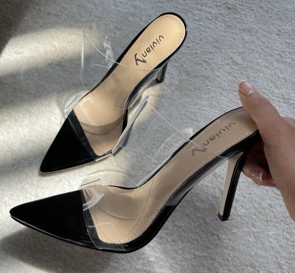 Vivianly 9 Black Transparent Straps Stiletto Heels See Through Clear Straps NWOT